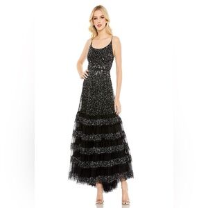 NWT Mac Duggal 10883 Black Sequin Embellished Neck Tiered Gown